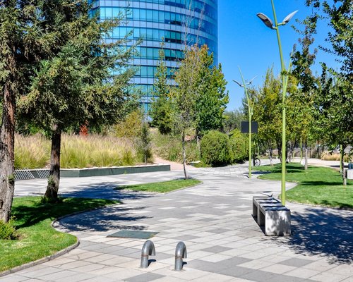 A person walking comfortably through a sunny urban park path in Santiago